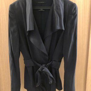 Elie Tahari navy belted jacket three snap closure